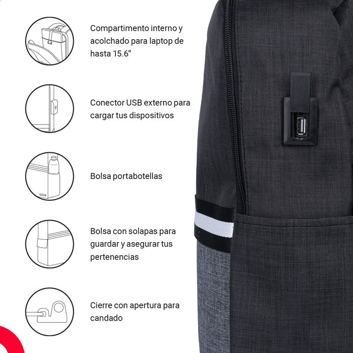Backpack Tech Zone Glad Negro Portalaptop 15.6 Pulgadas Conector Usb Externo Cierres Metalicos Autorreparables