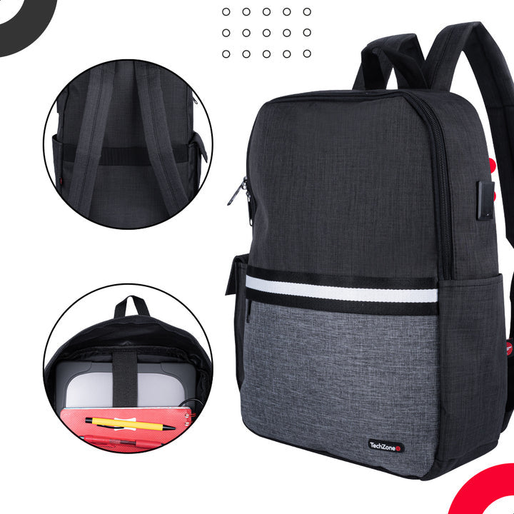 Backpack Tech Zone Glad Negro Portalaptop 15.6 Pulgadas Conector Usb Externo Cierres Metalicos Autorreparables