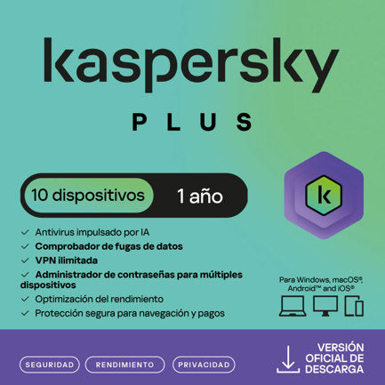 Licencia Antivirus ESD Kaspersky Plus 1 Año 10 Dispositivos 5 Cuentas KPM