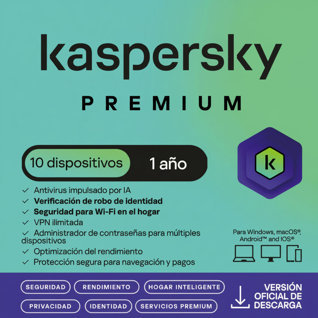 Licencia Antivirus ESD Kaspersky Premium 1 Año 10 Dispositivos 5 Cuentas KPM