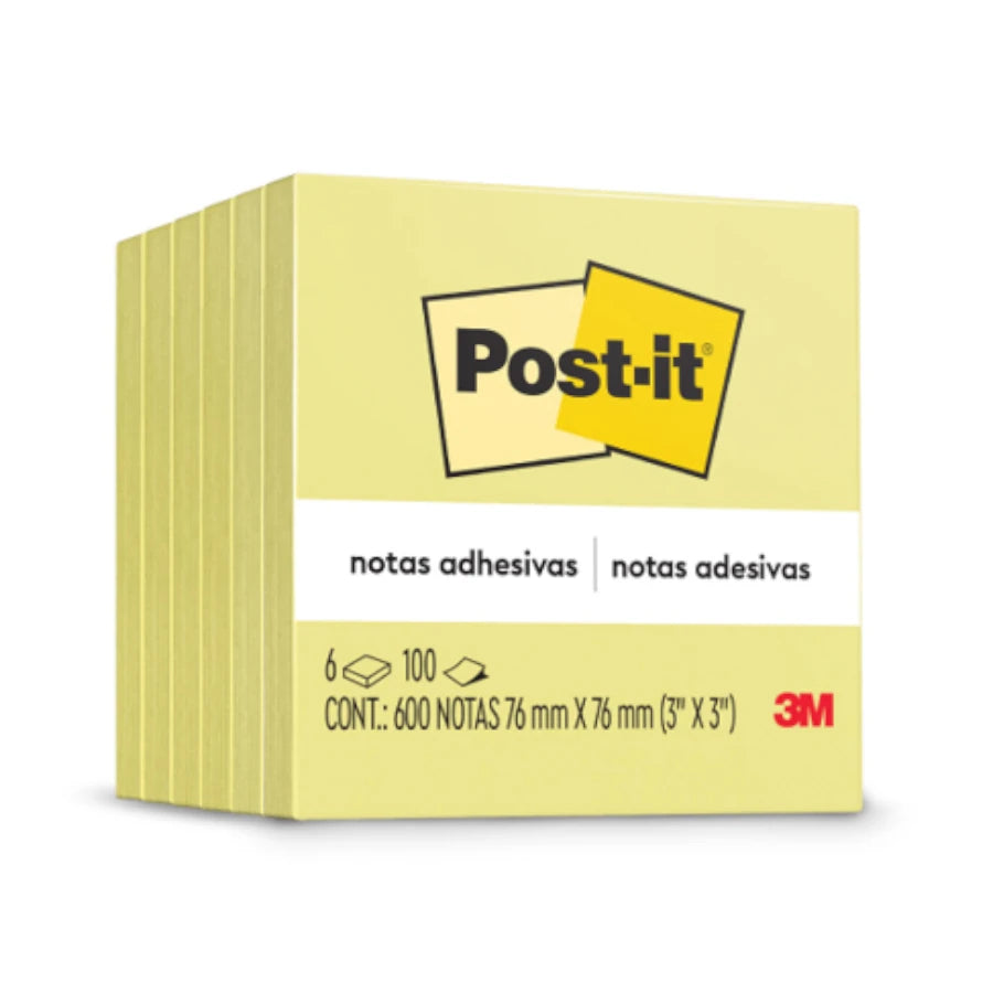 Notas Adhesivas 3M Post it 3x3 con 100 Hojas Paquete C/6 Block Color Amarillo