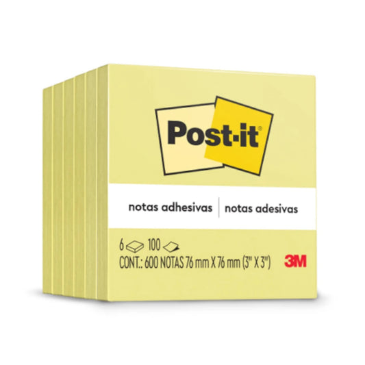 Notas Adhesivas 3M Post it 3x3 con 100 Hojas Paquete C/6 Block Color Amarillo