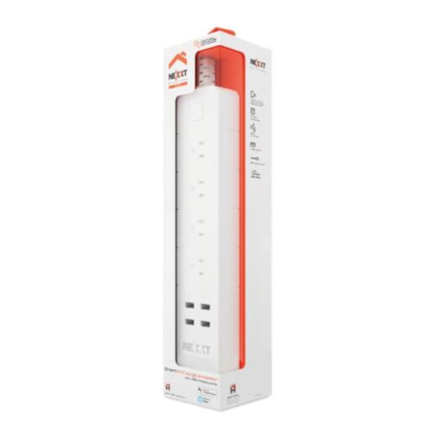 Barra Multicontacto Inteligente WiFi Nexxt Home Protector de Sobretensión con 4 tomacorrientes 4 puertos USB 1.8m Blanco