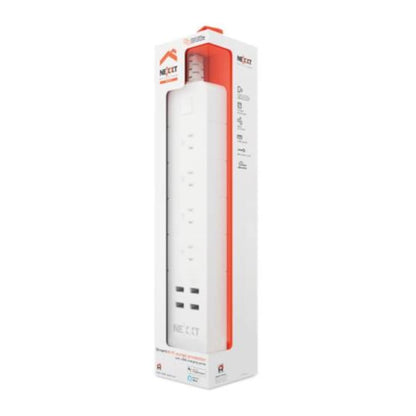 Barra Multicontacto Inteligente WiFi Nexxt Home Protector de Sobretensión con 4 tomacorrientes 4 puertos USB 1.8m Blanco