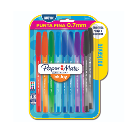 Bolígrafo Papermate InkJoy Kilometrico Punta Fina 0.7mm Colores Surtidos Blister C/10 Pzas