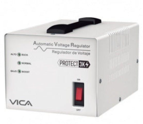 Regulador Vica Protect 3K 3000VA/1800W 4 Contactos para Línea Blanca Impresión LED Indicadores 3 Años Garantía