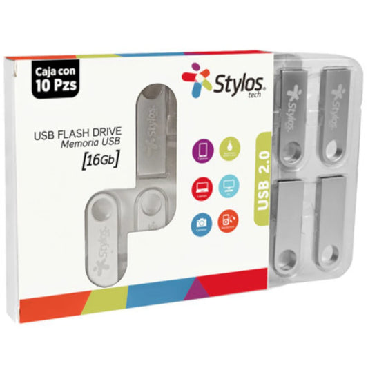 Kit 10 Memorias USB Stylos ST100 16GB Conexion Tipo A 2.0 Metalica Plata