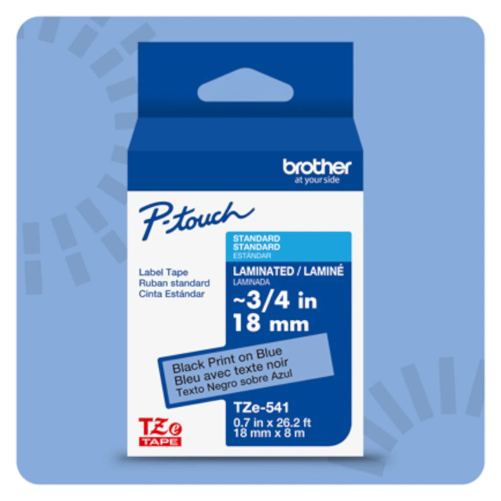 Cinta Laminada Brother Estandar Texto negro sobre cinta azul de 18mm x 8m
