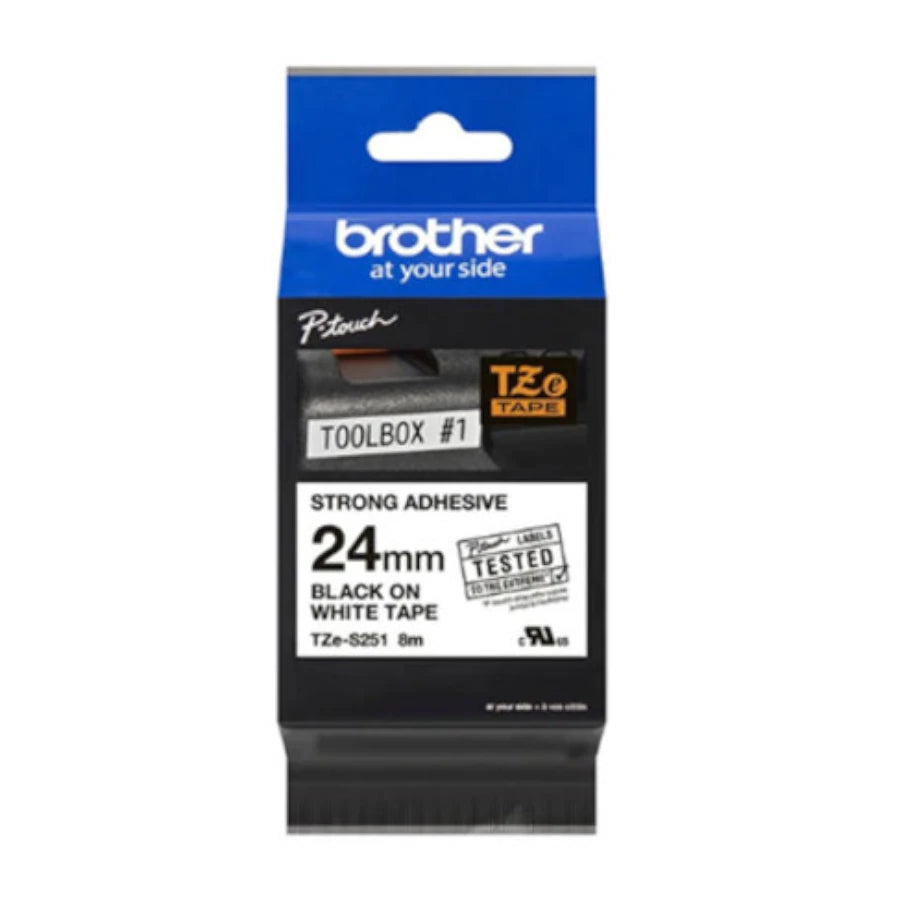 Cinta Brother TZES251G Laminada Súper Adhesiva Texto Negro Fondo Blanco 24mmx8m