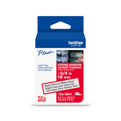 Cinta laminada Brother con extra adhesivo texto negro sobre cinta plata matte de 18mm x 8m