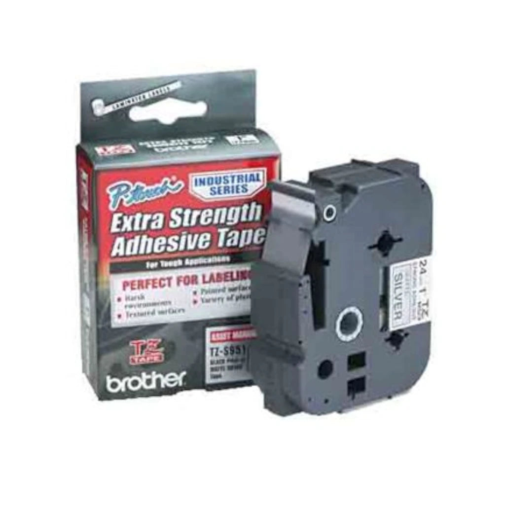 Cinta Aluminio Brother TZES951 Extra Resistente Texto Negro Sobre Fondo Plateado Mate 36mmx8m