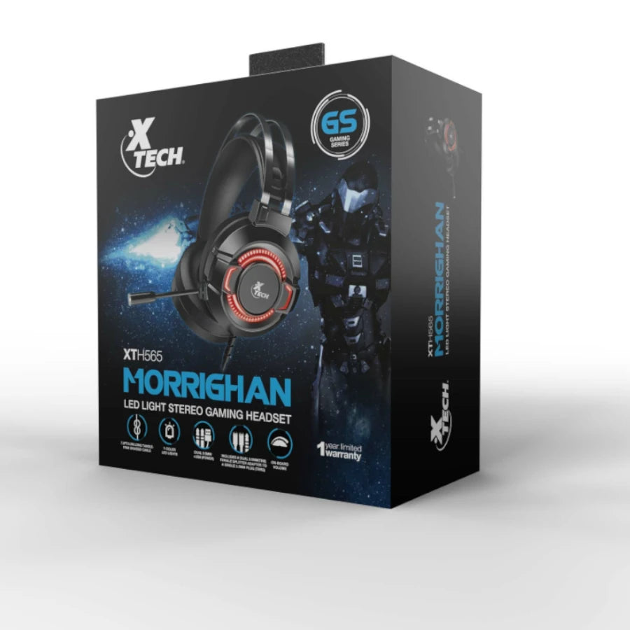 Audifonos gaming LED cableados XTech Morrigan XTH-565 - Conexion de 3.5 mm y USB - Color Negro