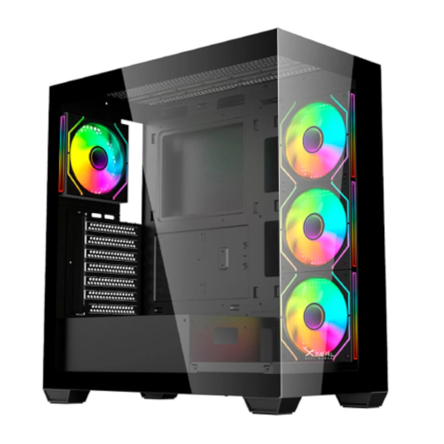 Gabinete Gamer Mid Tower Xzeal  ATX Panel Der. Vidrio + Metal 2xUSB1.0 + 1xUSD3.0 + 3.5 mm + 4 ARGB Fans + 1 HUB Negro