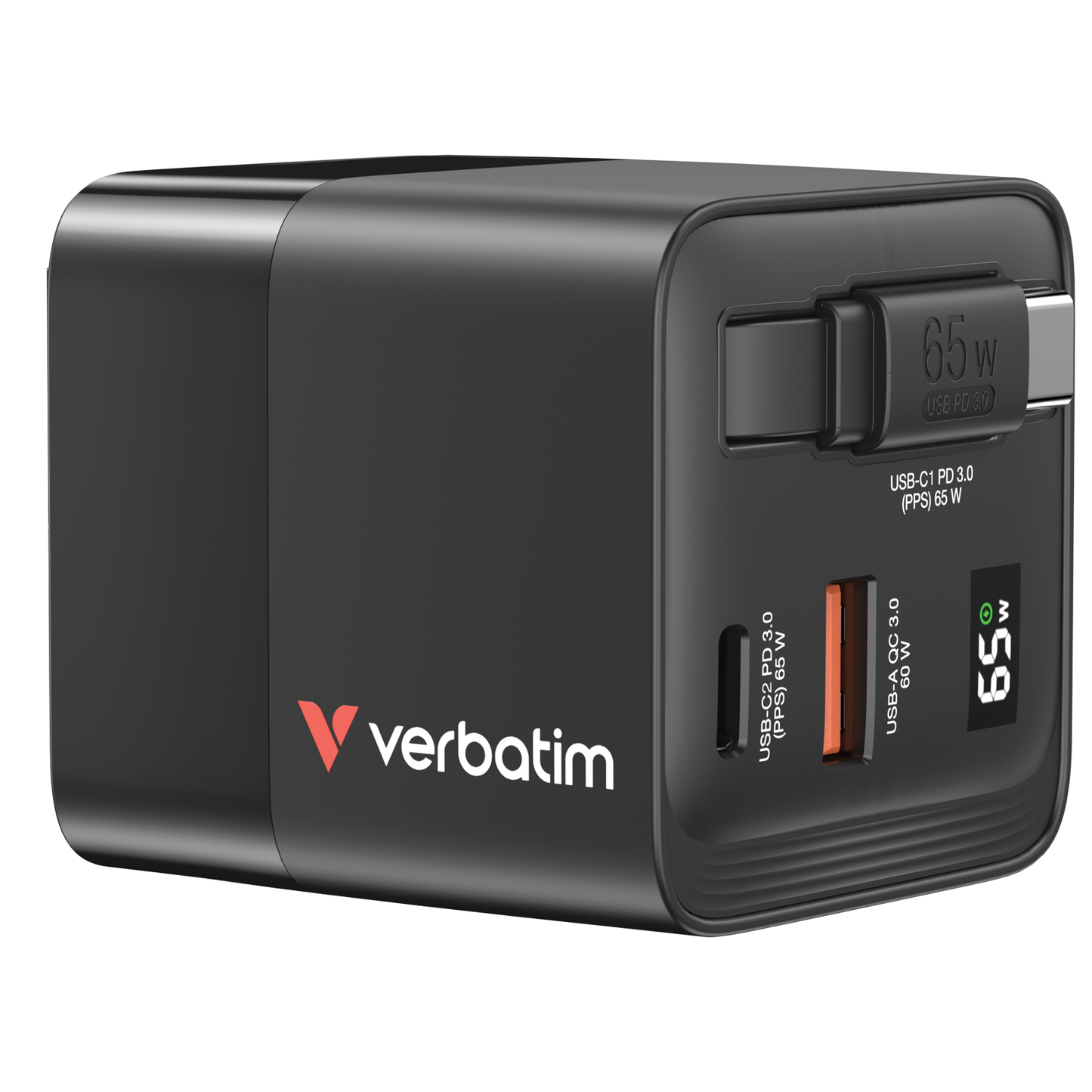 Cargador Verbatim GaN 65W de Cable retráctil