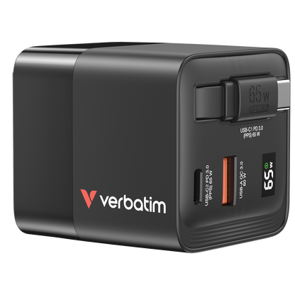 Cargador Verbatim GaN 65W de Cable retráctil