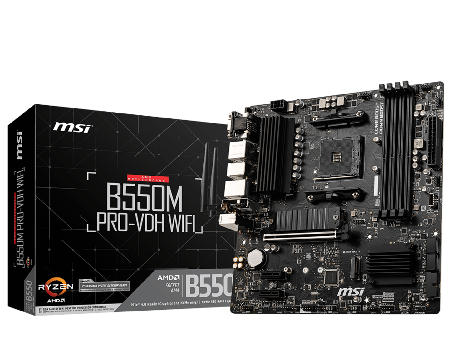 Tarjeta Madre MSI B550M Pro-VDH WIFI 4xDDR4 128GB 4400Mhz PCIe 4.0 M.2 1xHDMI 1xDP 1xVGA S AM4 mATX Wi-Fi BT