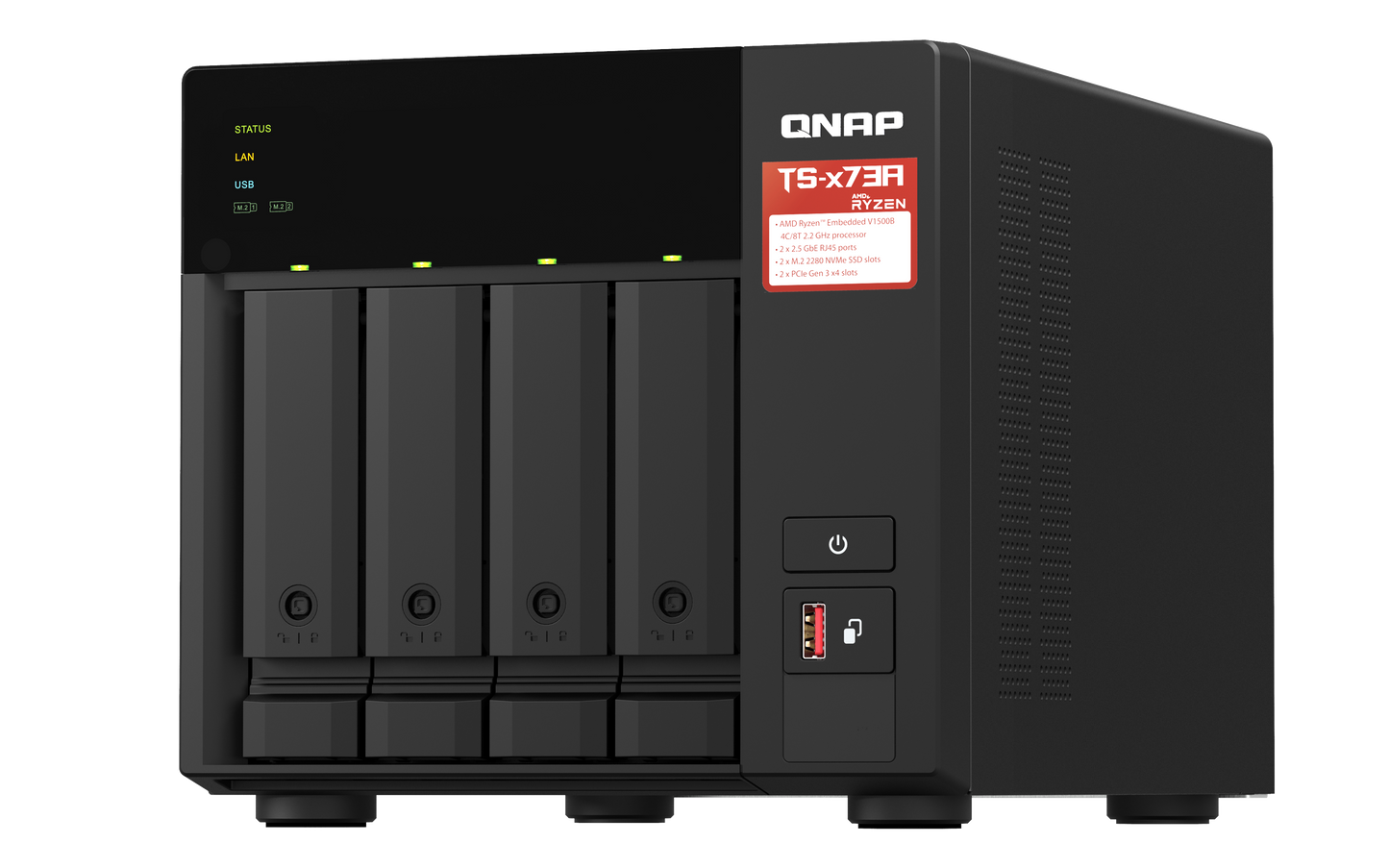 Unidad NAS QNAP CPU Ryzen V1500B Quad Core 2.2Ghz 8GB RAM RJ45 10GbE  4 Bahias 3.5 Hasta 24TB Linux Sin Discos