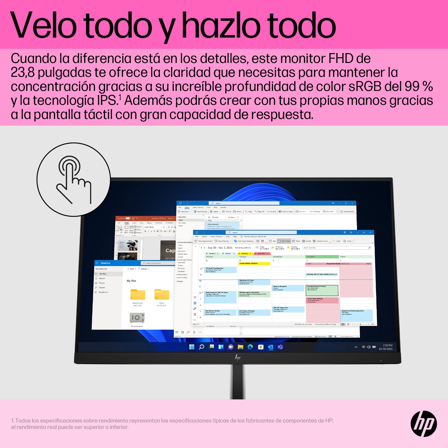 Monitor HP 23.8" E24t G5 Touch FHD Resolución 1920x1080