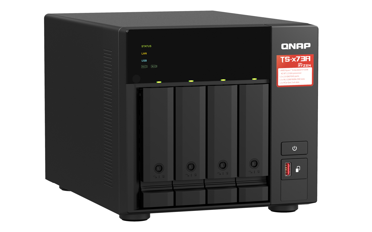 Unidad NAS QNAP CPU Ryzen V1500B Quad Core 2.2Ghz 8GB RAM RJ45 10GbE  4 Bahias 3.5 Hasta 24TB Linux Sin Discos