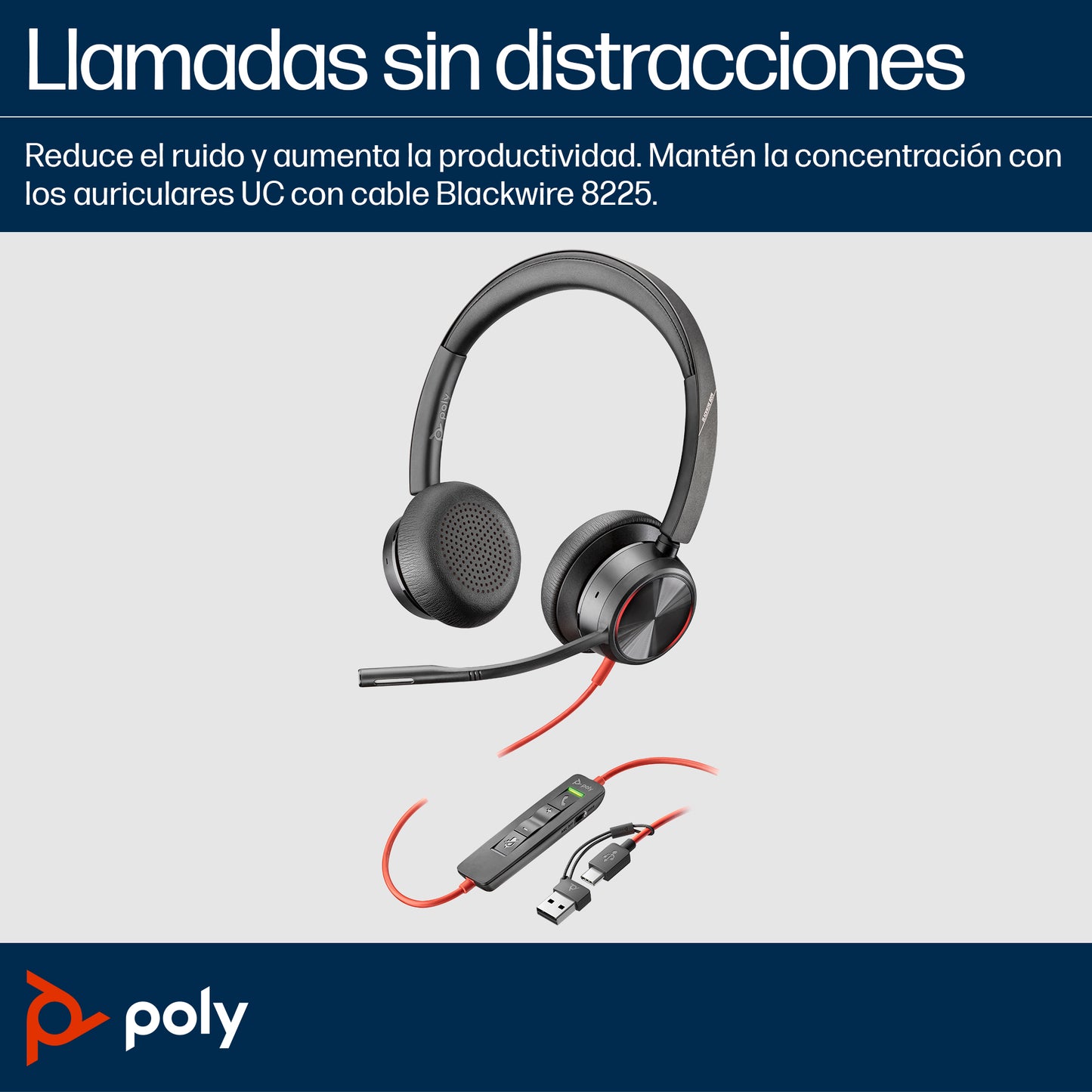 Poly Auriculares estéreo USB-C Blackwire 8225 + Adaptador USB-C/A