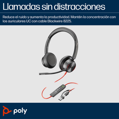 Poly Auriculares estéreo USB-C Blackwire 8225 + Adaptador USB-C/A