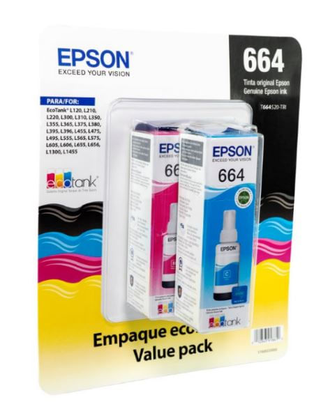 Tinta Epson T664 Pack 3 Pzas Colores Cian/Magenta/Amarillo