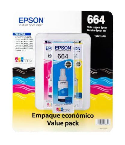 Tinta Epson T664 Pack 3 Pzas Colores Cian/Magenta/Amarillo