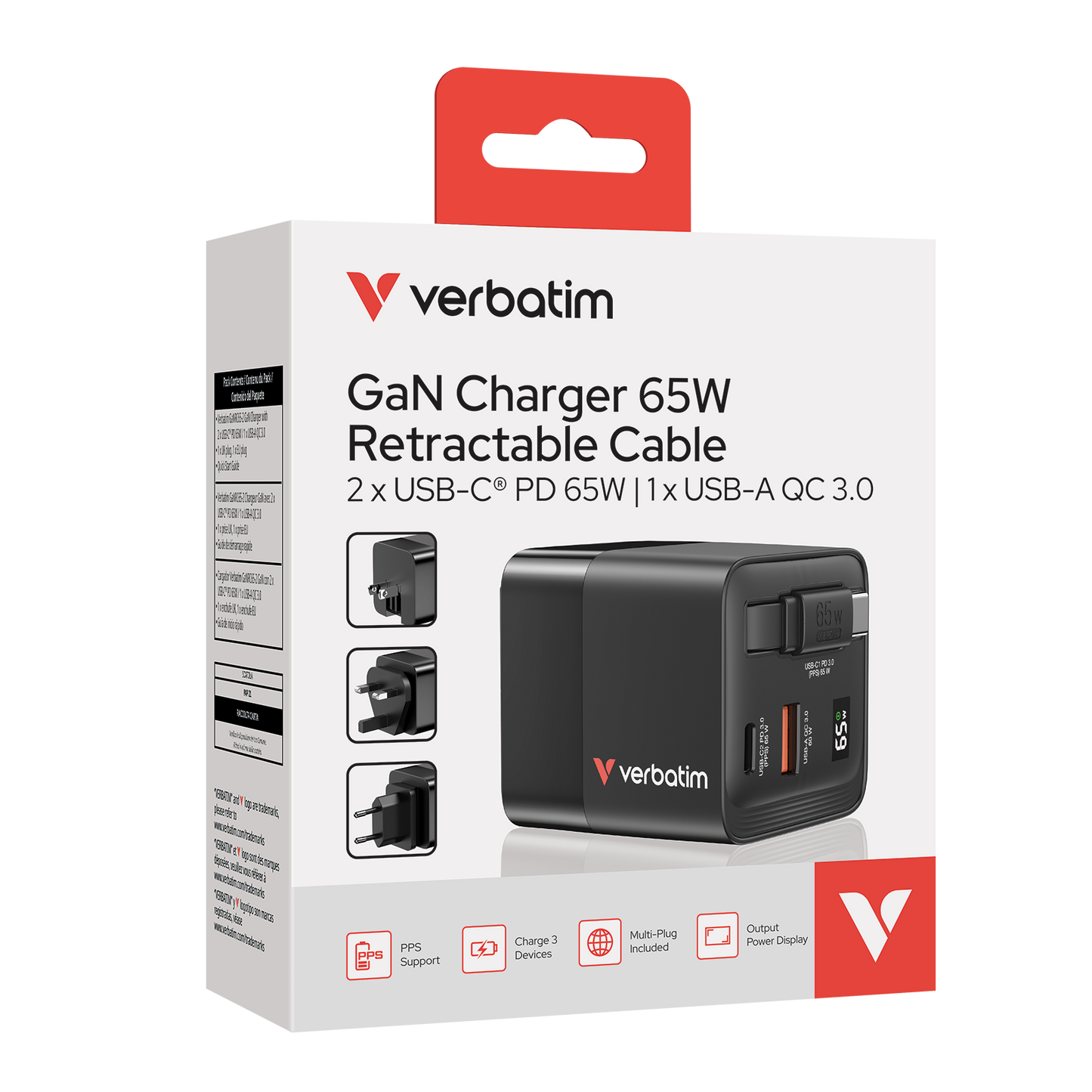 Cargador Verbatim GaN 65W de Cable retráctil
