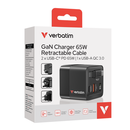 Cargador Verbatim GaN 65W de Cable retráctil
