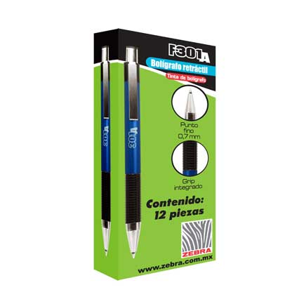 Bolígrafo Zebra F-301 Retráctil Metálico Punto Fino 0.7mm Color Azul C/12 Pzas