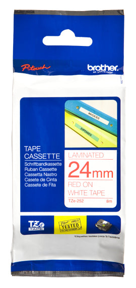 Cinta Brother Laminada Estándar Texto Rojo sobre Cinta Blanca 24mmx8m