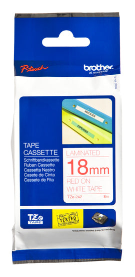 Cinta Brother TZe242 Laminada Texto Rojo Fondo Blanco 18mm
