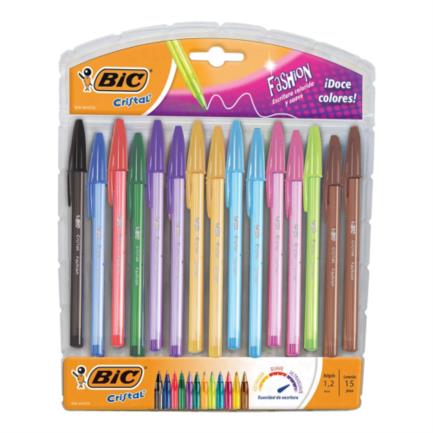 Bolígrafo BIC Cristal Fashion Punta 1.2mm Colores Surtidos C/15 Pzas