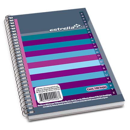 Libreta estrella 1/8 espiral raya c/indice 100 hjs