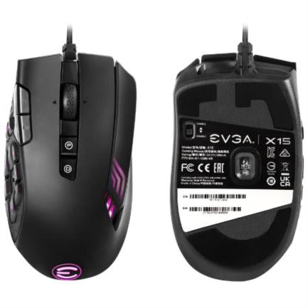 Mouse EVGA X15 MMO RGB Gaming 20 Botones 16000dpi Color Negro