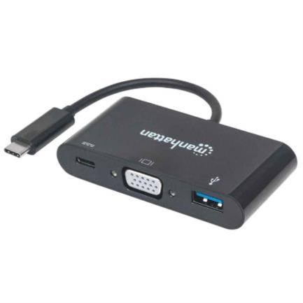 Convertidor Manhattan Docking USB-C a VGA SuperSpeed Multipuertos Color Negro